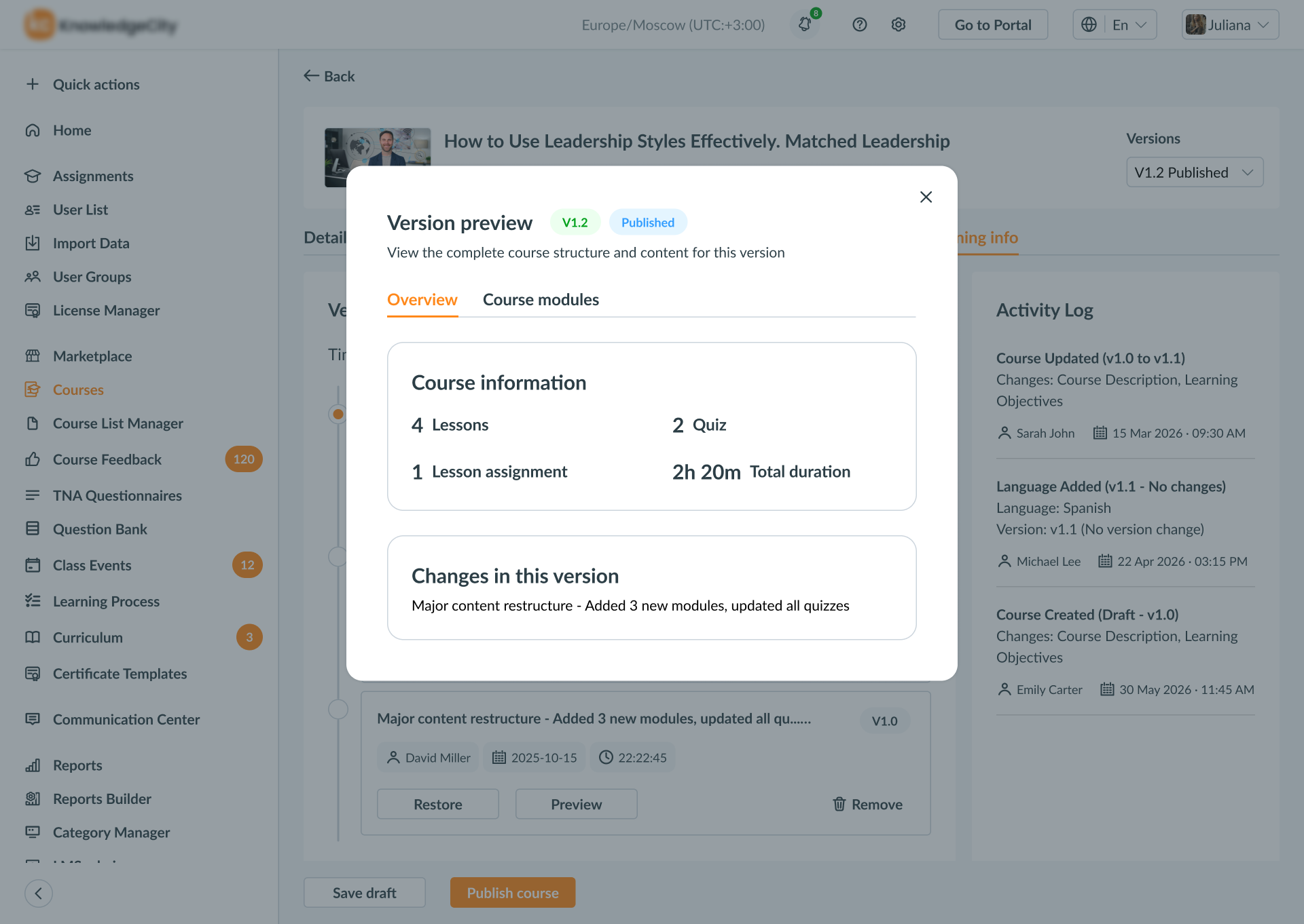 Version preview, Overview tab — a read-only look at a version before it goes live.